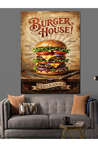 Artmeg Banner decorativ pentru restaurant Retro Burger House - Tablou din lem...