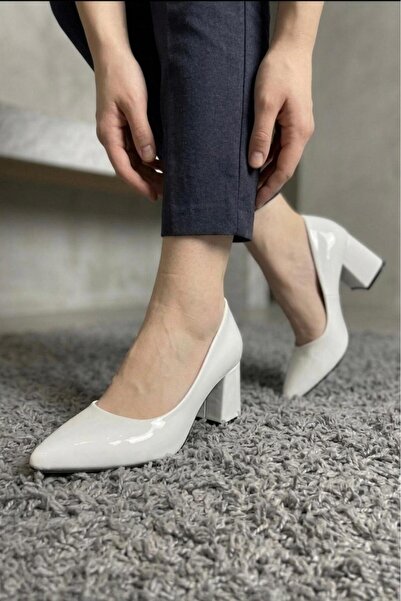 beelleshoe Di̇ana White Patent Leather Block Heeled Office and Daily Use Wome...