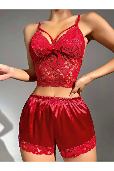 Bleu Petite Red Satin Lace Floral Patterned Women's Shorts Pajama Set