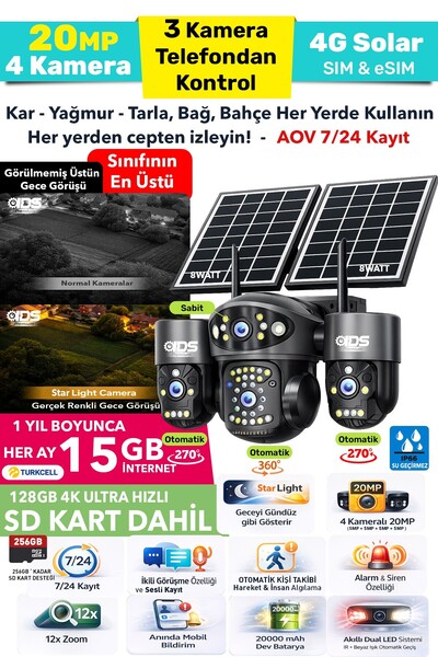 IDS 3 OTOMATİK - 4 KAMERALI - 4G SOLAR GÜVENLİK KAMERASI - SD KART VE 1 YIL H...