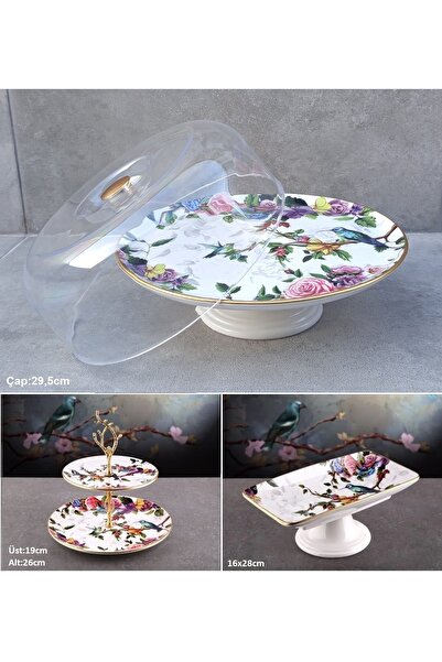 Pinkev Flore 3 Piece Ceramic Cookie Dish Pastry Cake Pan Presentation Plate Set