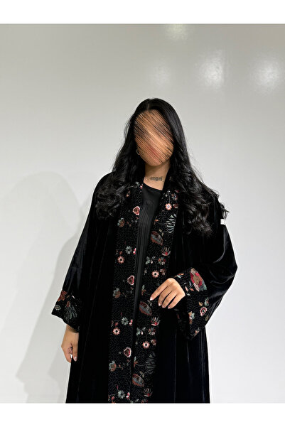 Tori Black Velvet Abaya with Colored Embroidery on the Cuffs and Collar