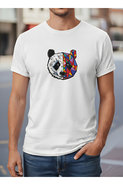 LAND MODA Tricou pentru bărbați Panda, cu imprimeu în culori semi-geometrice,...