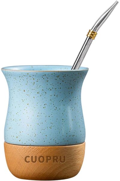 CUOPRU 8 OZ Ceramic Yerba Mate Cup with Original Wood Base, Includes Mate Gou...