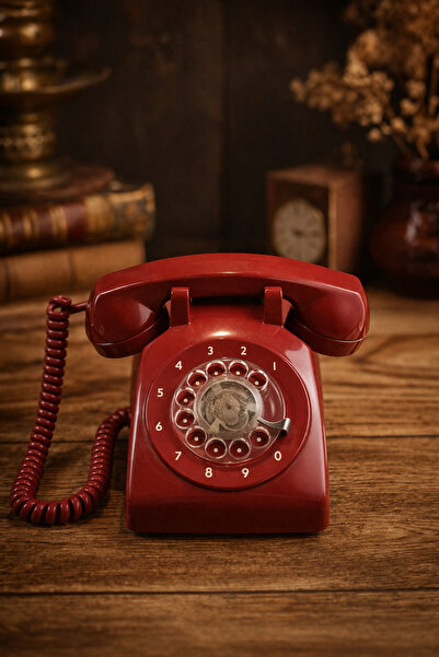 EVVEL ZAMAN ANTİK Vintage Kırmızı Çevirmeli Telefon – Nostaljik Dekoratif Obje