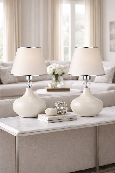 571 Store krem ayaklı 2 li masa abajuru metal ayak kumaş başlık aydınlatma la...