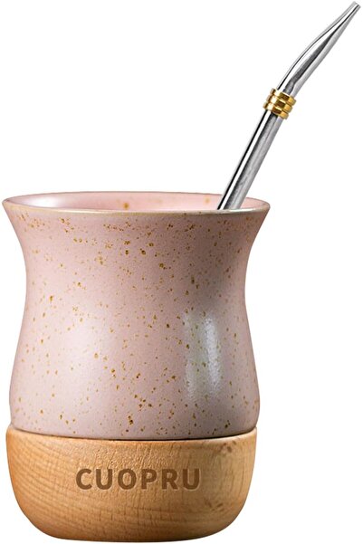 CUOPRU 8 OZ Ceramic Yerba Mate Cup with Original Wood Base, Includes Mate Gou...