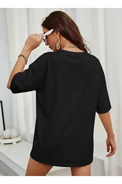 LOTS MODA Kadın Soft Yazılı Tavşan Baskılı Oversize Tişört %100 Pamuk Minimal Sevimli