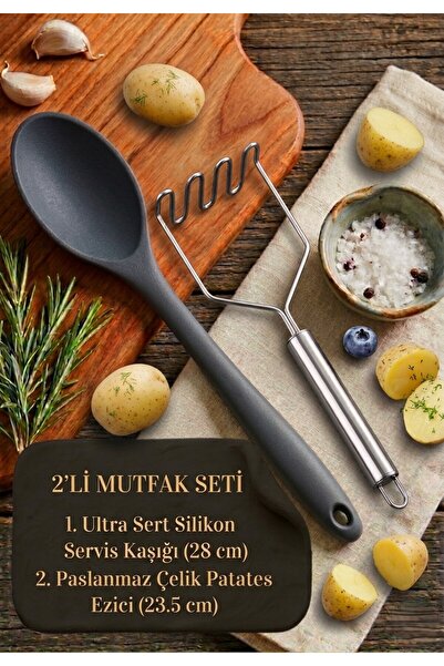 TARIK HOME Ultra Sert Silikon Servis Kaşığı ve Paslanmaz Çelik Patates Ezici ...