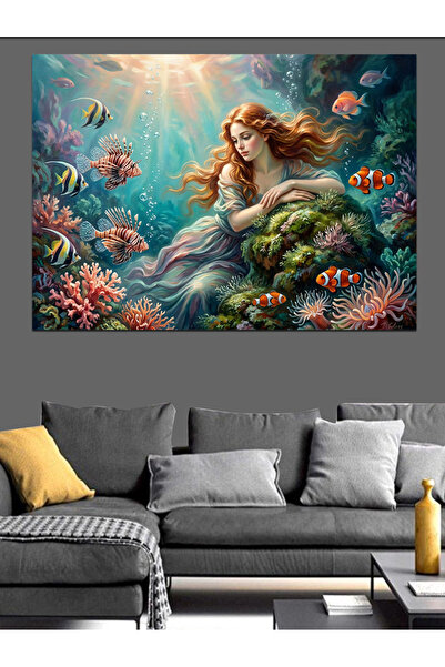 Artmeg Mermaid and Coral Garden Decorative Canvas - Mdf Wood Table