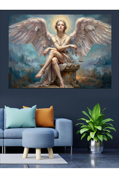Artmeg Înger alb așezat pe o piatră - Pânză decorativă - Masă din lemn MDF