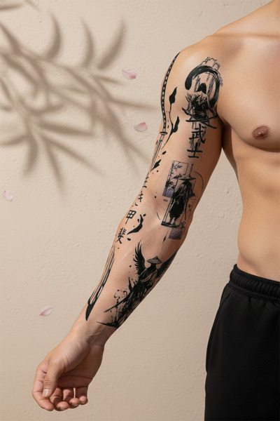 pivok Samuray, Japon Kanji Yazı ve Motifli Tam Kol Kaplama Tattoo - Yarı Kalı...