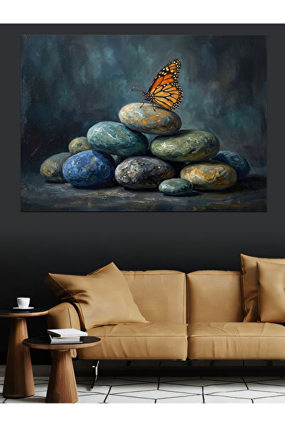 Artmeg Pânză decorativă cu fluture portocaliu pe pietre plate - Tablou din le...