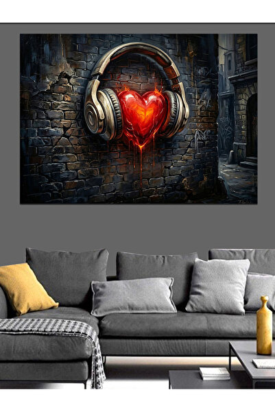 Artmeg Pânză decorativă Red Heart Street Art cu căști - Tablou din lemn MDF