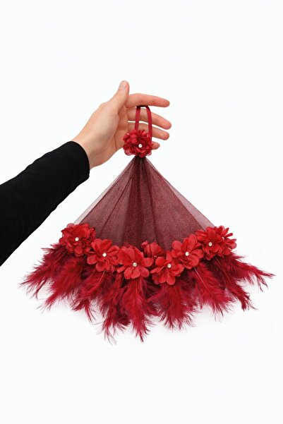 WORDAKS Bordo Üç Boyutlu Çiçek Tüy Taş Süslemeli Gelin Damat El Halay Mendili...