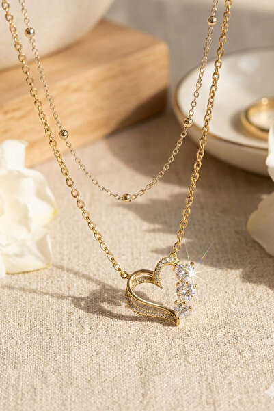 Larius Jewelry Romantik Çift Zirkon Taşlı Kalp Çoklu Kolye Seti , Kalp Uçlu T...