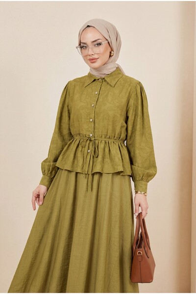 Modamorfo Jacquard Suit with Stoned Buttons and Tie-Waist Skirt - Olive Green