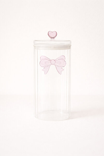 Mirilliahome Heart Detailed Bow Design Glass Jar 1800 ml Decorative Storage J...