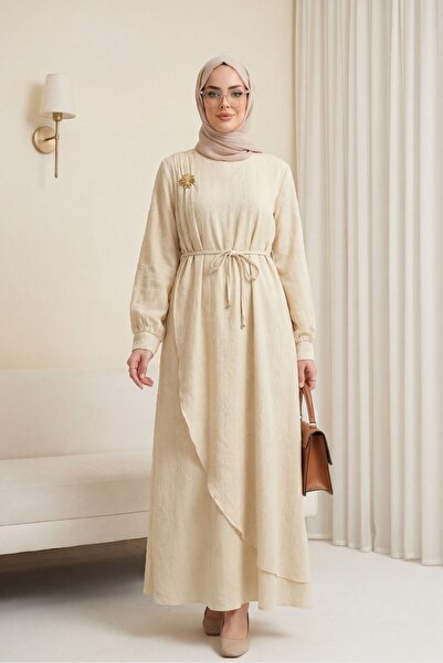 Modamorfo Λινό φόρεμα με διπλή επένδυση, δέσιμο στη μέση και καρφίτσα - μπεζ