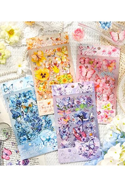 UĞURDAN Şeffaf Pembe Kelebek Çiçek Sticker 60 Adet Bullet Journal Scrapbook A...