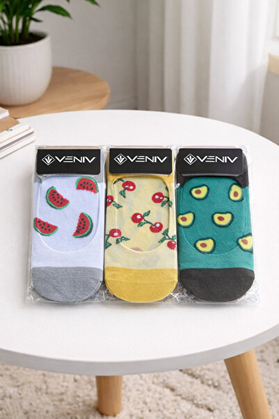 VENİV Women's 3 Pairs of Printed Cotton Elastic Ankle Socks