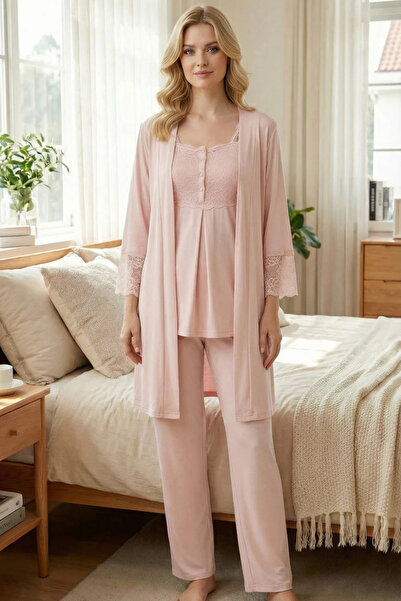 Rimel Homewear Güpür Askılı Pileli 3'lü Lohusa Pijama Sabahlık Seti - Emzirme...