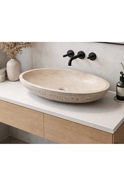 Belle Vie Doğal traverten oval tezgah üstü lavabo