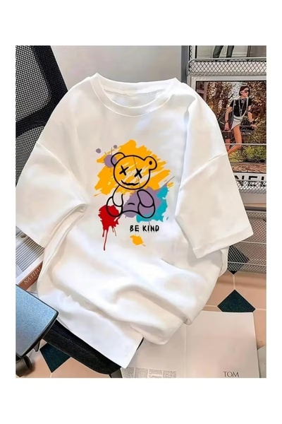 AEMİ Unisex πολύχρωμο μπλουζάκι με στάμπα αρκουδάκι και λαιμόκοψη oversize