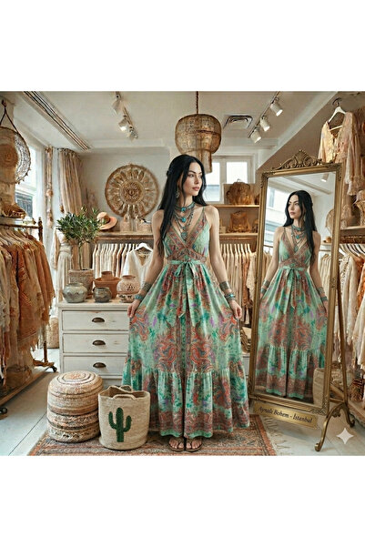 elite aura collectıon Mint Yeşil Bordo Desenli Mystic Bohemian Maxi Elbise