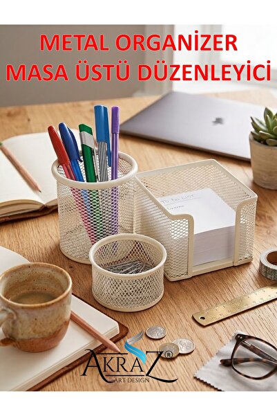 Akraz Art Design MASA ÜSTÜ METAL ORGANİZER KALEMLİK SETİ 3'LÜ KREM/BEYAZ