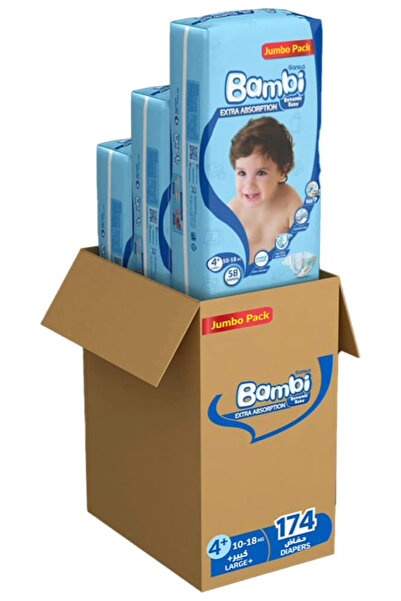 Sanita Bambi Baby Diapers, 174 Diapers, Size 4+ (10-18 KG), x 3 Jumbo Pack