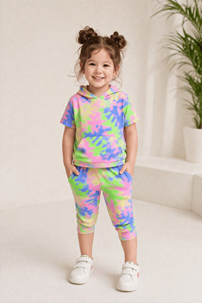 onymino Girl's Tie-Dye Marbling Patterned Hooded Set with Kangaroo Pockets, L...