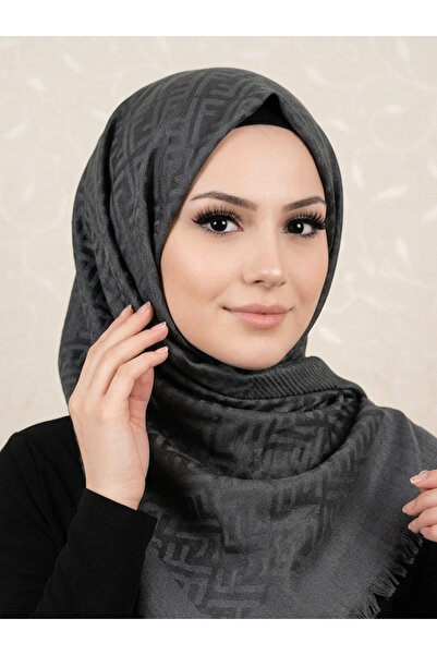 Handmade F Desen Yün Kaşmir İpek Şal Antrasit
