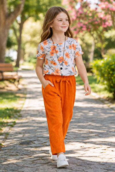 ÖZR LİFE Özr 22504-26 Girl's Chiffon Blouse and Pants Set Floral Patterned Li...