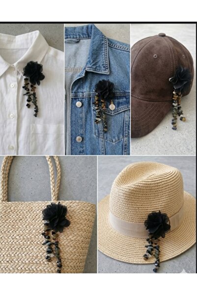 AYFAACCESSORIES Bakım Kozmetik El Yapımı Siyah Tül Çiçekli Ve Doğal Taşlı Boh...