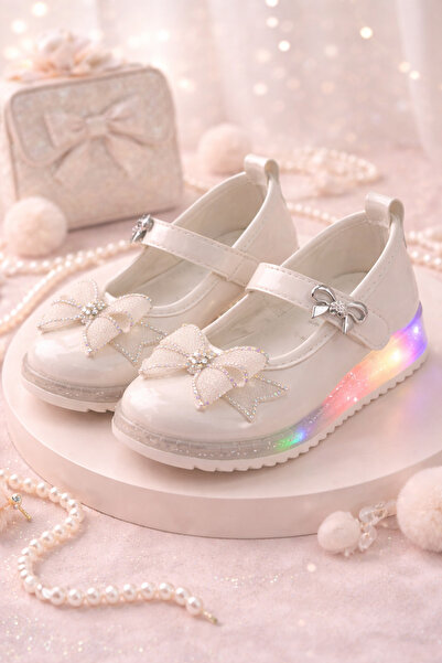 Babetty Kız Çocuk Işıklı Babet Taşlı Fiyonklu Prenses Ayakkabısı Led Tabanlı Bej