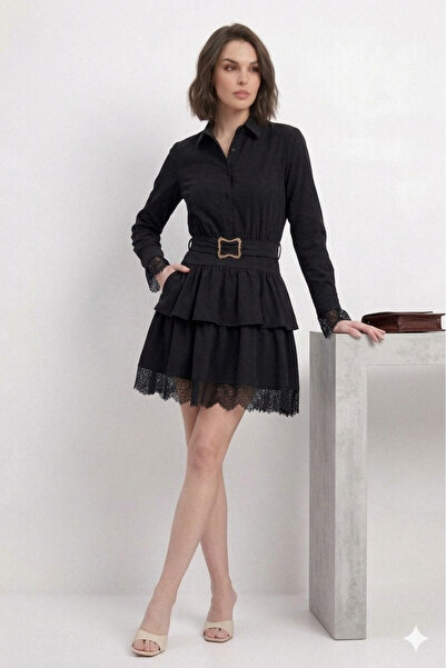 Safgiyim44 Belted Lace Detailed Dress - Black