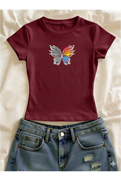 Vordevia Tricou crop cu mânecă scurtă, cu imprimeu fluturi, din lycra, cu cro...