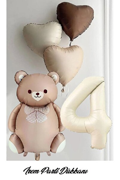 İrem Parti Dükkanı 4 Years Old, 3 Retro Hearts, 1 Cream Number, 1 Caramel Ted...