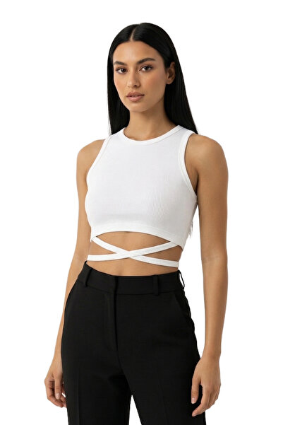 NERTH STYLE Crossed String Detailed Athlete Combed Cotton Blouse T-Shirt