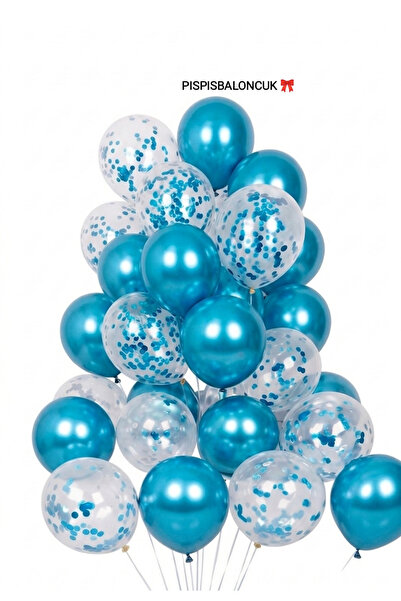 PISPISBALONCUK 5 Parça metalik mavi Şeffaf Konfetili Balon Set doğum günü cin...