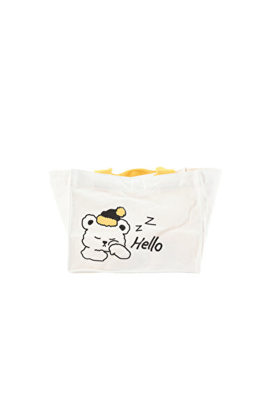Midi Women's Canvas Shoulder Bag with Sleeping Bear Design and Handles in Yellow