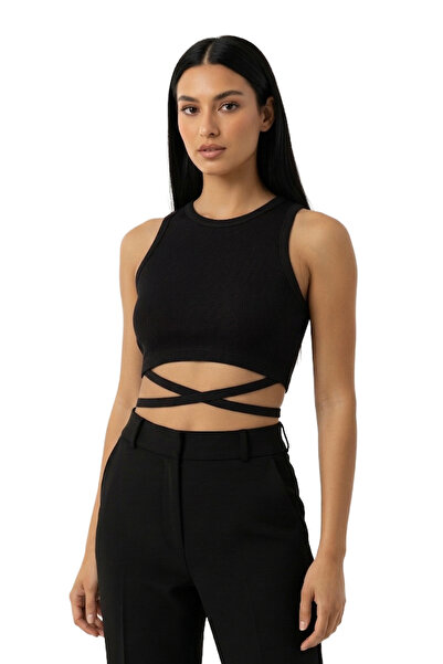 NERTH STYLE Crossed String Detailed Athlete Combed Cotton Blouse T-Shirt