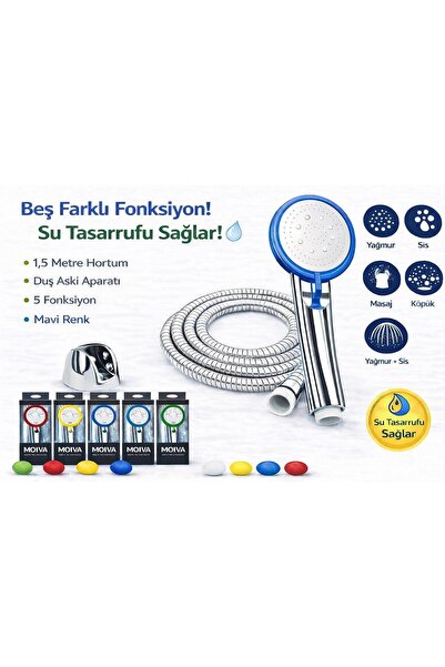 ORPA 5 Fonksiyonlu Duş Başlığı Seti – 1,5 Metre Hortumlu, Askı Aparatlı, Su T...