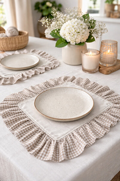 Mirilliahome Σετ 2 τεμαχίων Μπεζ υφασμάτινο σουπλά με βολάν, διακοσμητικό σου...