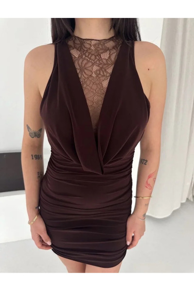 pazarella Lace Detailed Deep Neckline Draped Mini Dress Stylish Sleeveless - ...