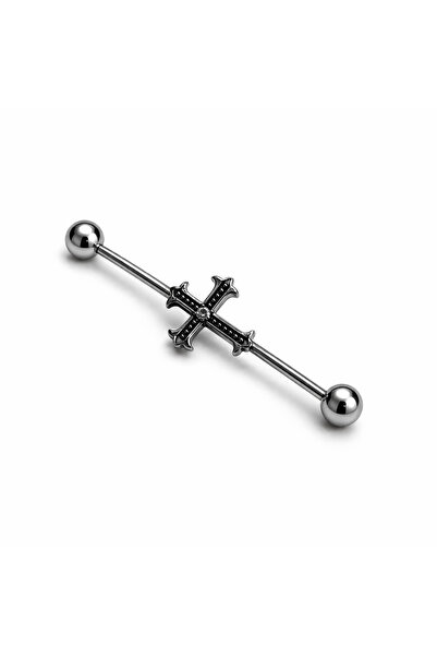 dltakicoo Gotik Haç Detaylı Çelik Köprü Piercing (Industrial Barbell) – Taşlı...