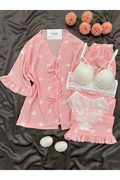 Lena Homewears Women's Patterned Wrinkled Short Sleeve Pajama Set with Underwear