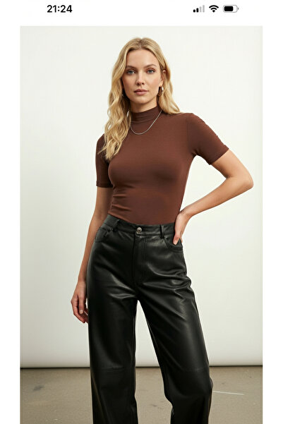 cicial Women's Turtleneck Short Sleeve Cotton Combed Cotton Bodysuit