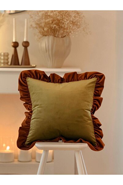Hestia Home Βελούδινη μαξιλαροθήκη με βολάν 40x40 εκ. Πράσινο-Πορτοκαλί